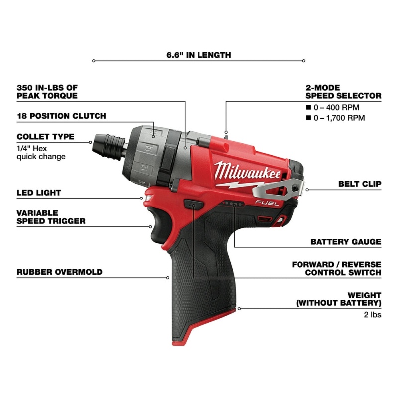 Milwaukee 2402-20 M12 FUEL 12V 1/4" Hex 2-Speed Screwdriver w/Clip - Bare Tool - Image 3