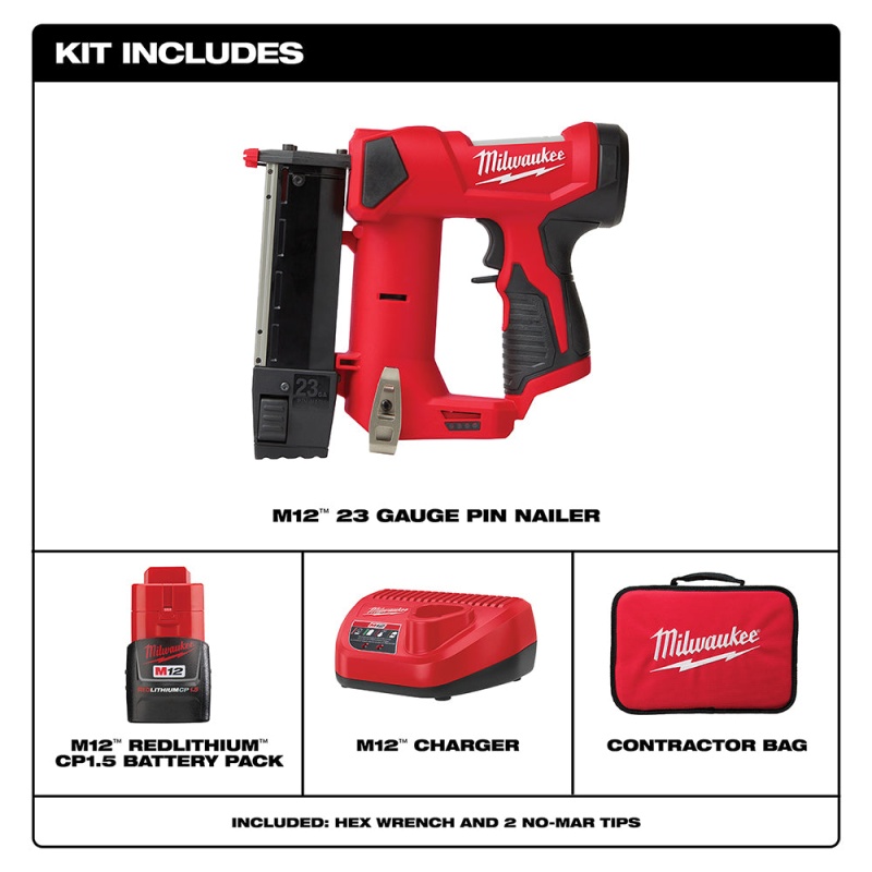 Milwaukee 2540-21 M12 12V 23 Gauge Lightweight Compact Cordless Pin Nailer Kit - Image 3