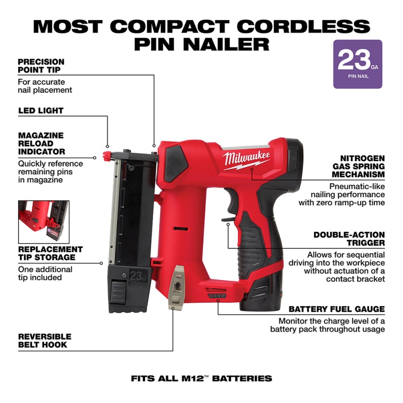 Milwaukee 2540-21 M12 12V 23 Gauge Lightweight Compact Cordless Pin Nailer Kit - Image 4