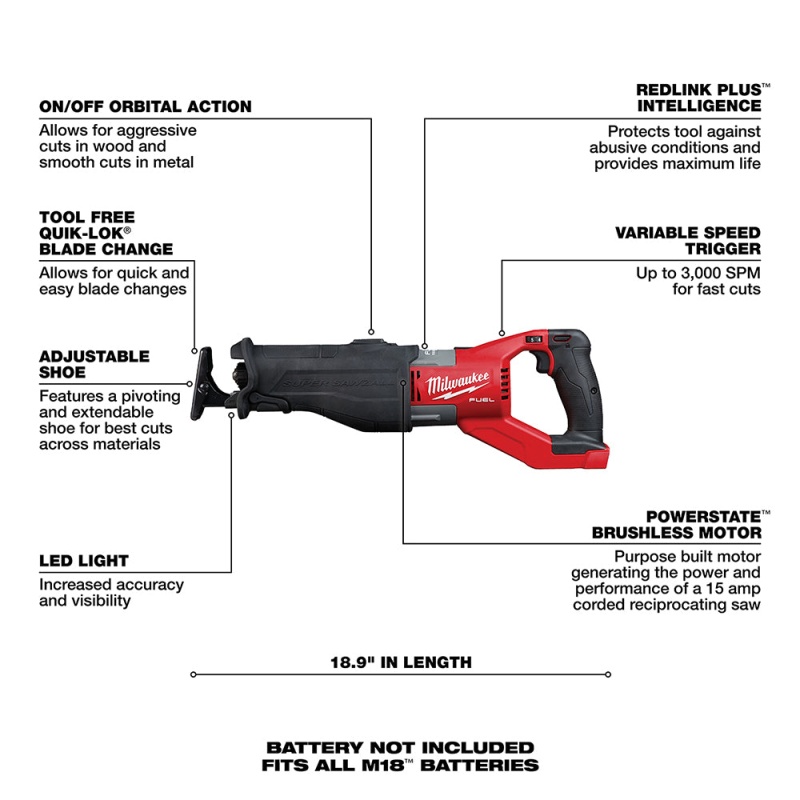 Milwaukee 2722-20 M18 FUEL 18V 1-1/4-Inch Reciprocating Saw - Bare Tool - Image 6