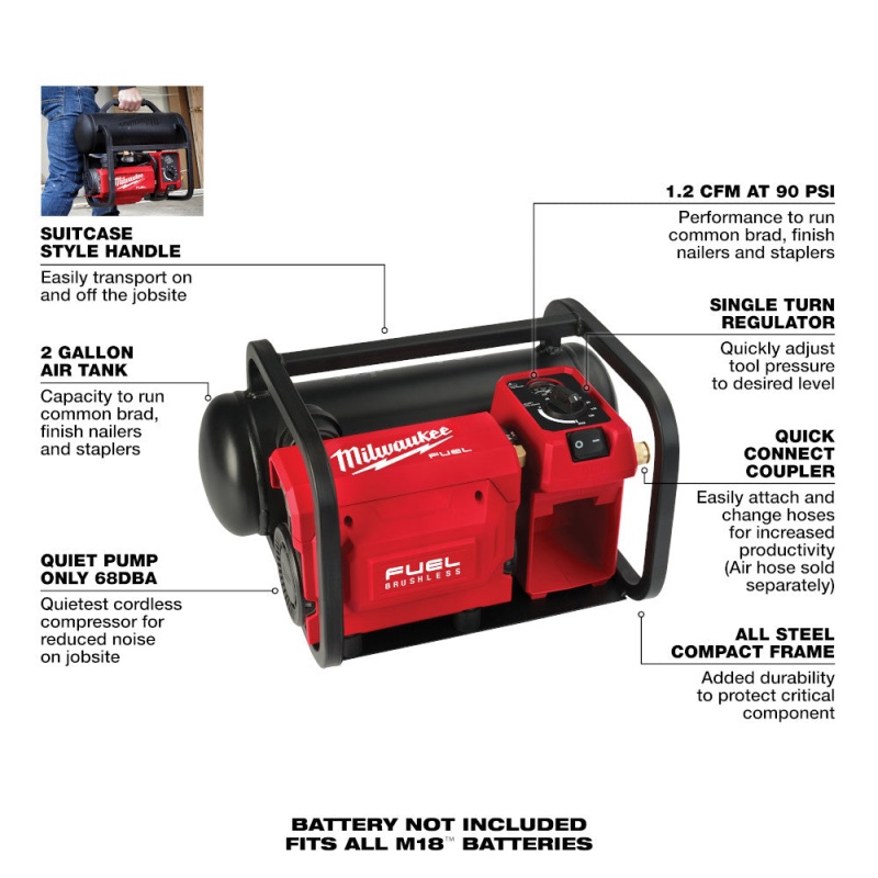 Milwaukee 2840-20 M18 FUEL 18V 2 Gallon Quiet Air Compressor - Bare Tool - Image 5