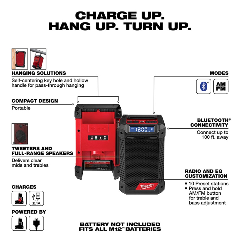 Milwaukee 2951-20x2BSK M12 12V Bluetooth Radio w/ 4AH and 2AH Starter Kit - Image 2