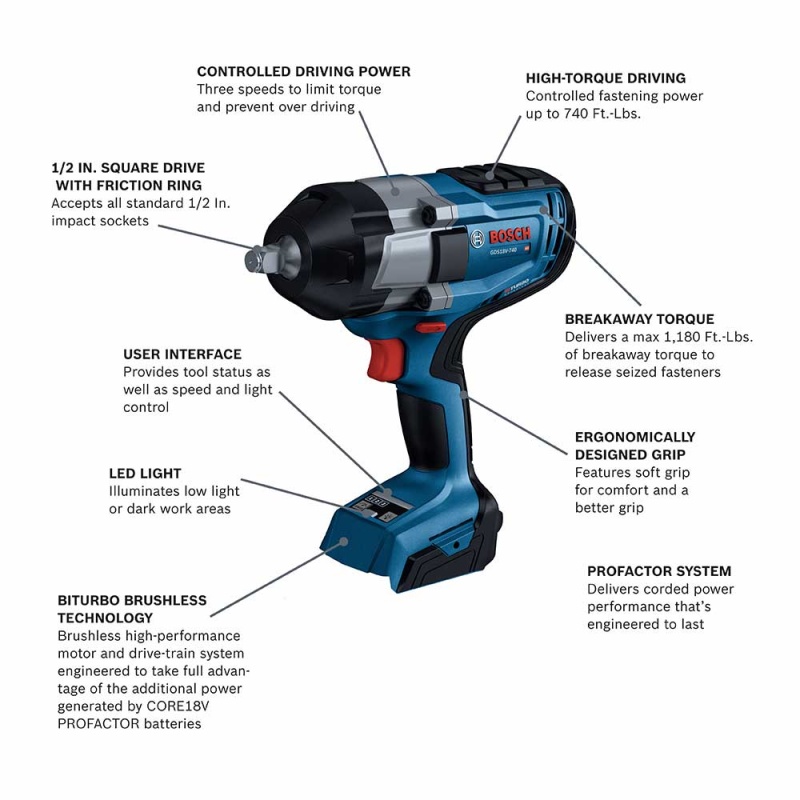 Bosch GDS18V-740N 18V PROFACTOR 1/2" Impact Wrench w/ Friction Ring - Bare Tool - Image 2