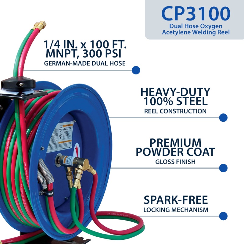 Cyclone Pneumatic CP3100 1/4" x 100' Dual-Hose Twin Welding Welder Reel - Image 3