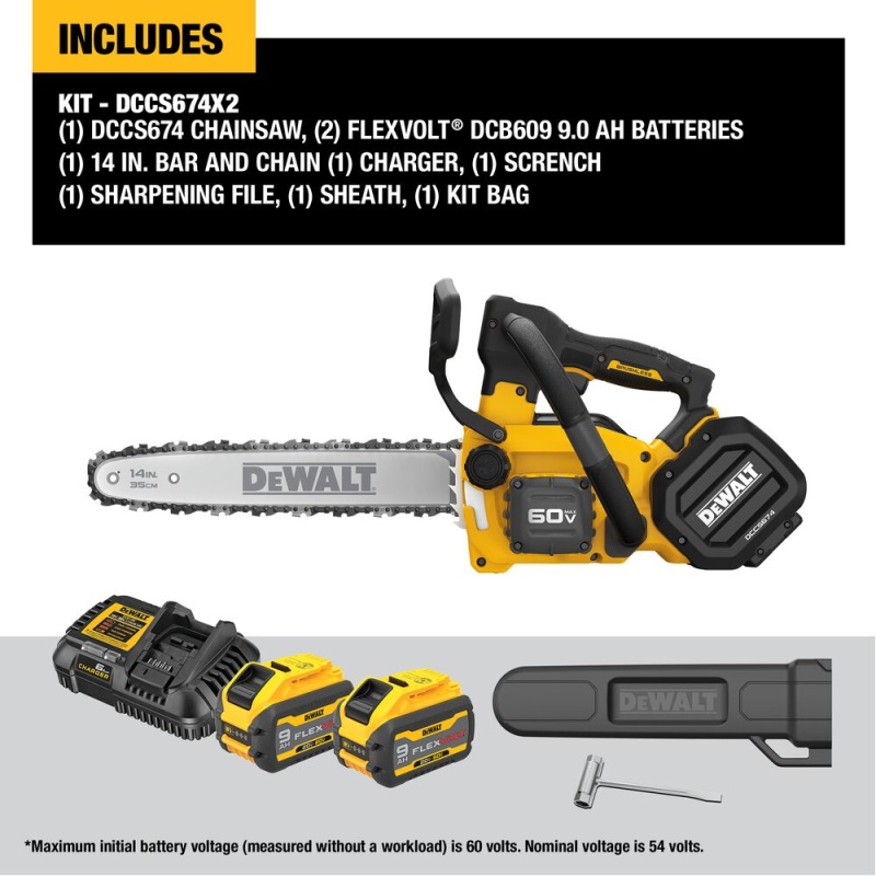 DeWALT DCCS674X2 60V MAX 14" Cordless Brushless Top Handle Chainsaw Kit - Image 2