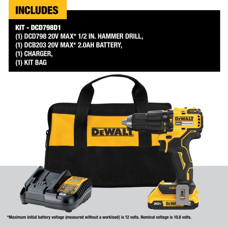 DeWALT DCD798D1 20V MAX 1/2" Brushless Cordless Li-Ion Hammer Drill Kit - Image 2