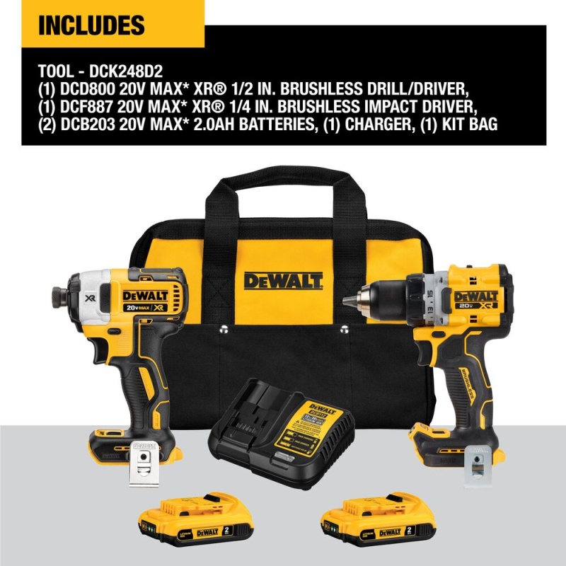 DeWALT DCK248D2 20V MAX XR Brushless Cordless 1/2" Drill / 1/4" Driver Combo Kit - Image 2