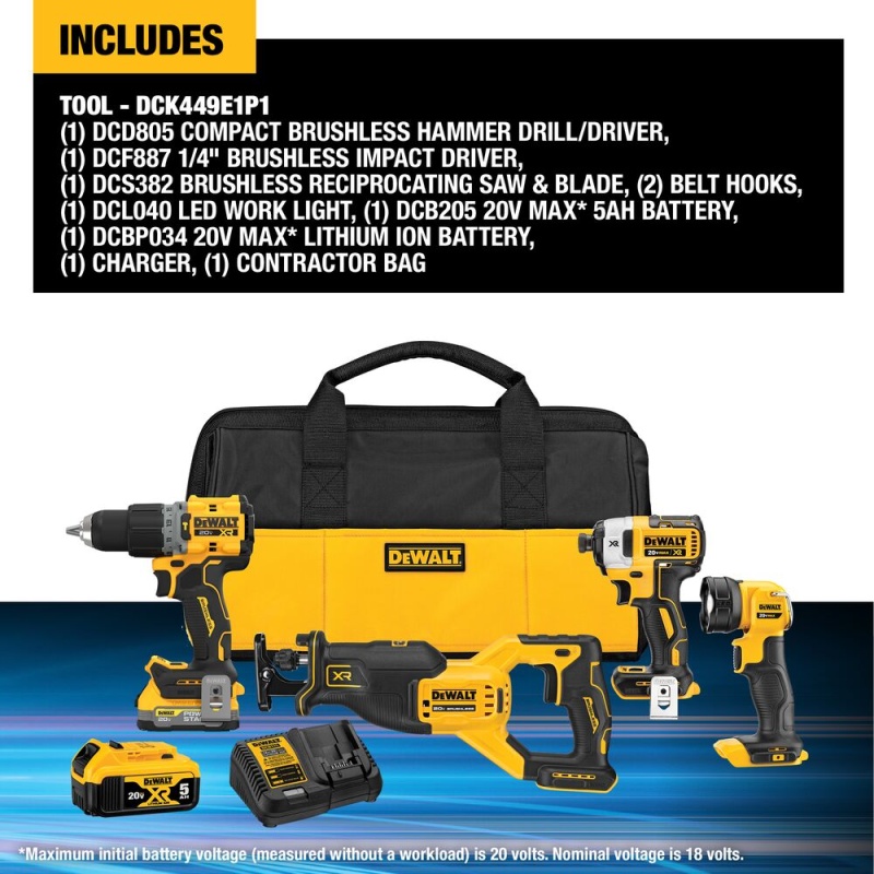 DeWALT DCK449E1P1 20V MAX XR Brushless 4 Tool Combo Kit w/ 1.7 - 5 Ah Battery - Image 2