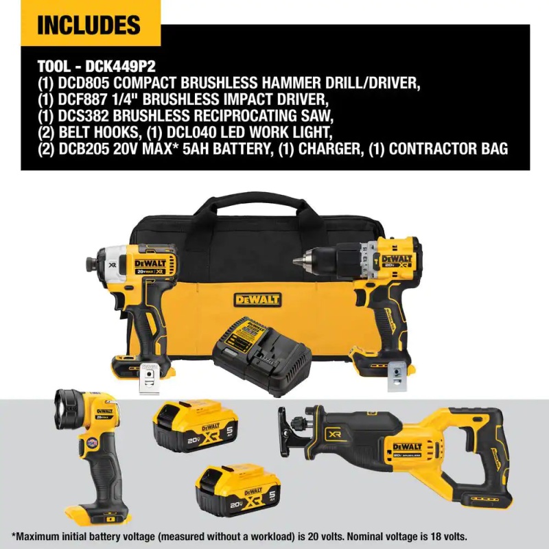 DeWALT DCK449P2 20V MAX XR Brushless 4 Tool Combo Kit w/ 5.0AH Batteries - Image 2