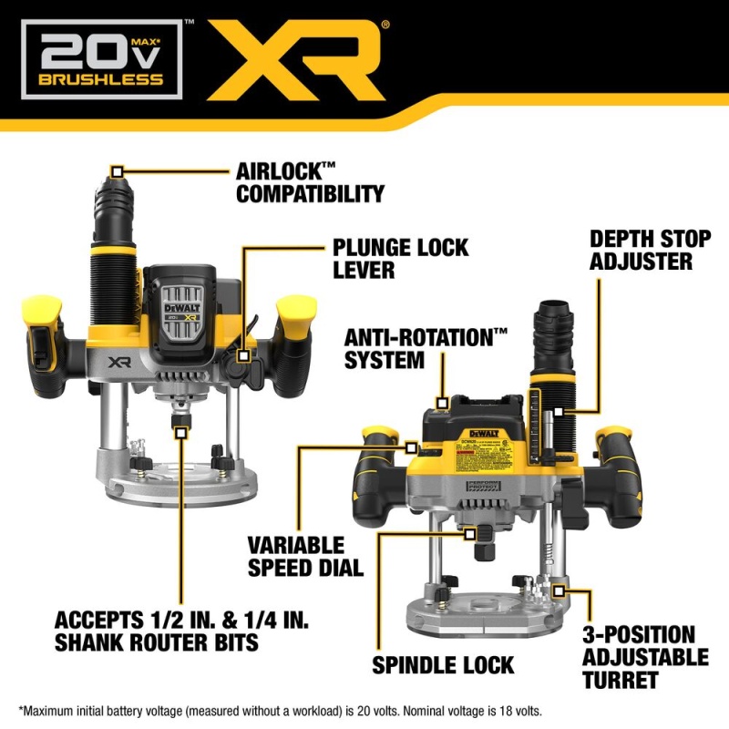 DeWalt DCW620B 20V MAX XR 2-1/4 HP Brushless Cordless Plunge Router - Bare Tool - Image 2