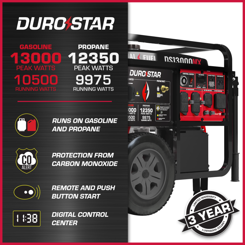 DuroStar DS13000MX 13,000W/10,500W 500cc Electric Start Dual Fuel Portable Generator w/ CO Alert - Image 2