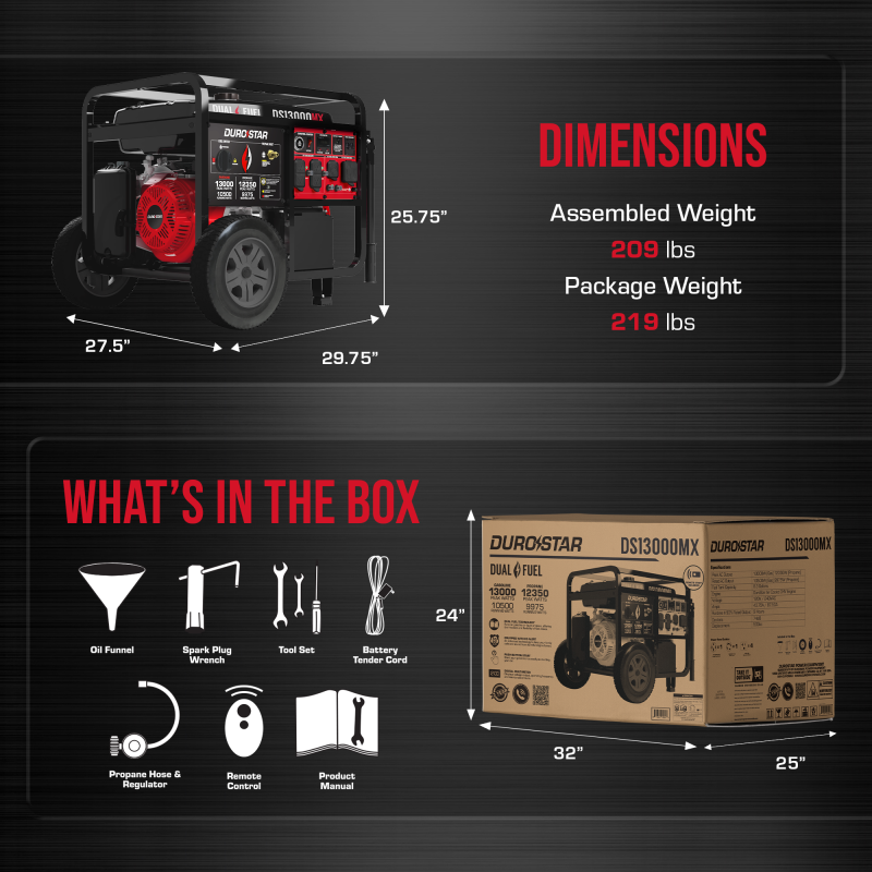 DuroStar DS13000MX 13,000W/10,500W 500cc Electric Start Dual Fuel Portable Generator w/ CO Alert - Image 8