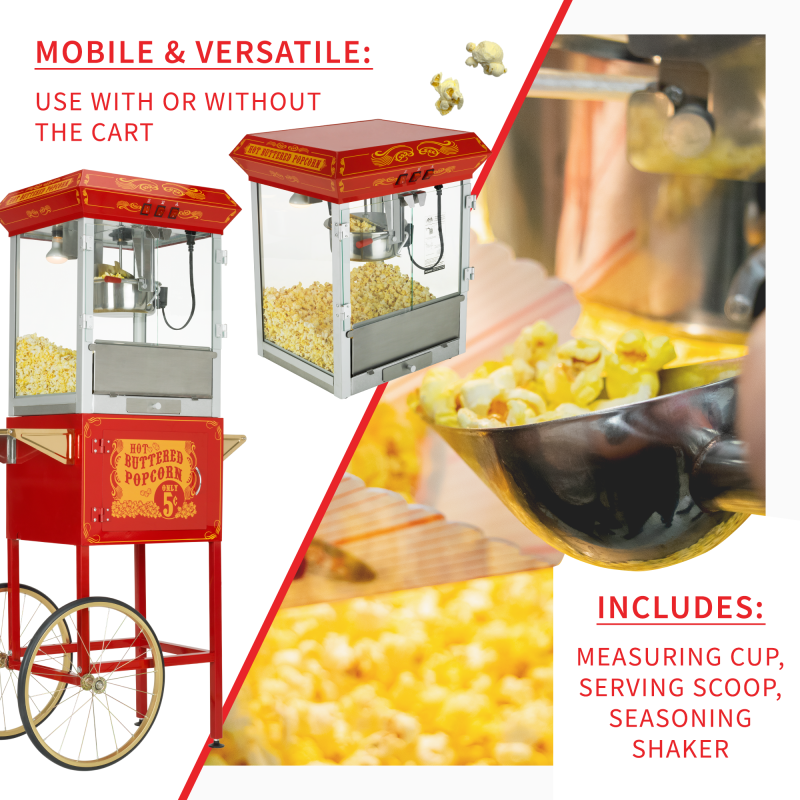 FunTime FT860CR 8oz Premium Red/Gold Popcorn Popper Machine Maker Cart Vintage - Image 5