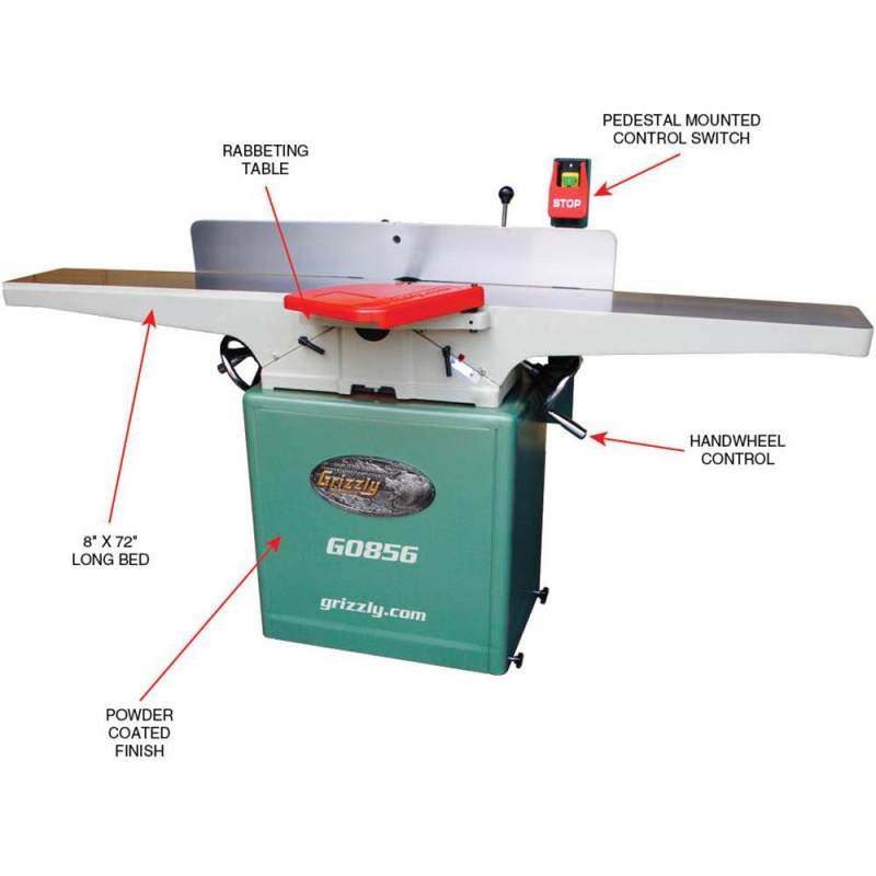 Grizzly G0856 230V 8 Inch x 72 Inch Jointer with Spiral Cutterhead & Mobile Base - Image 3