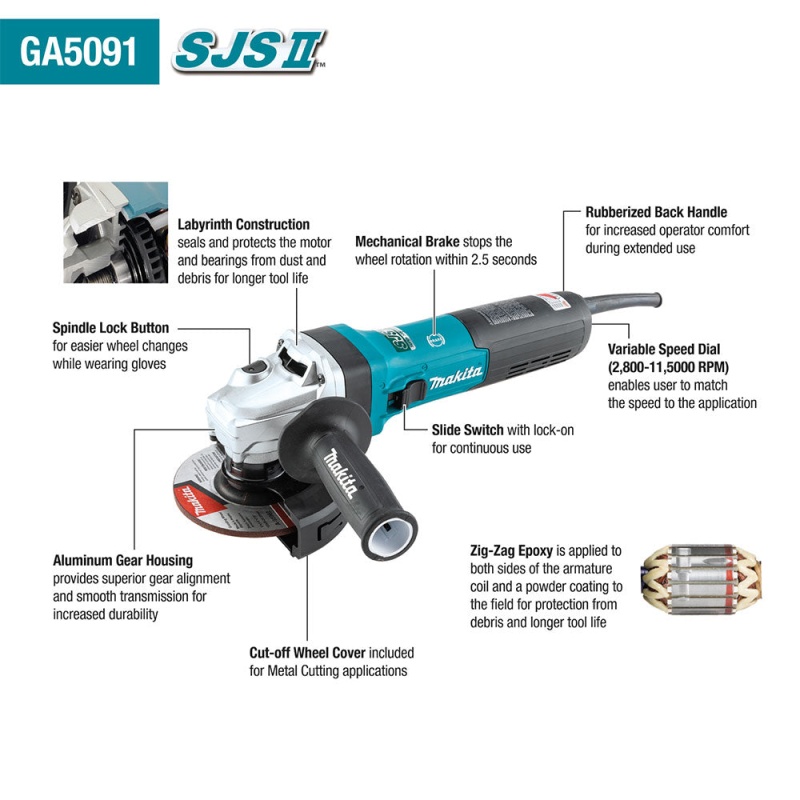 Makita GA5091 5" SJSII Corded High-Power Angle Grinder w/ Brake - Image 2