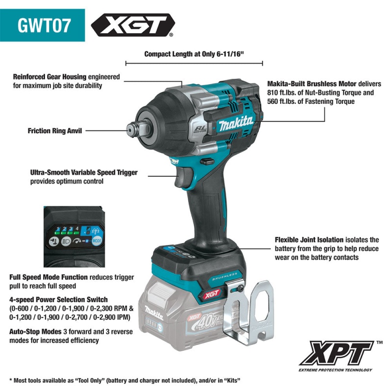 Makita GWT07Z 40V XGT Brushless 1/2" Sq. Mid-Torque Impact Wrench  -Bare Tool - Image 2