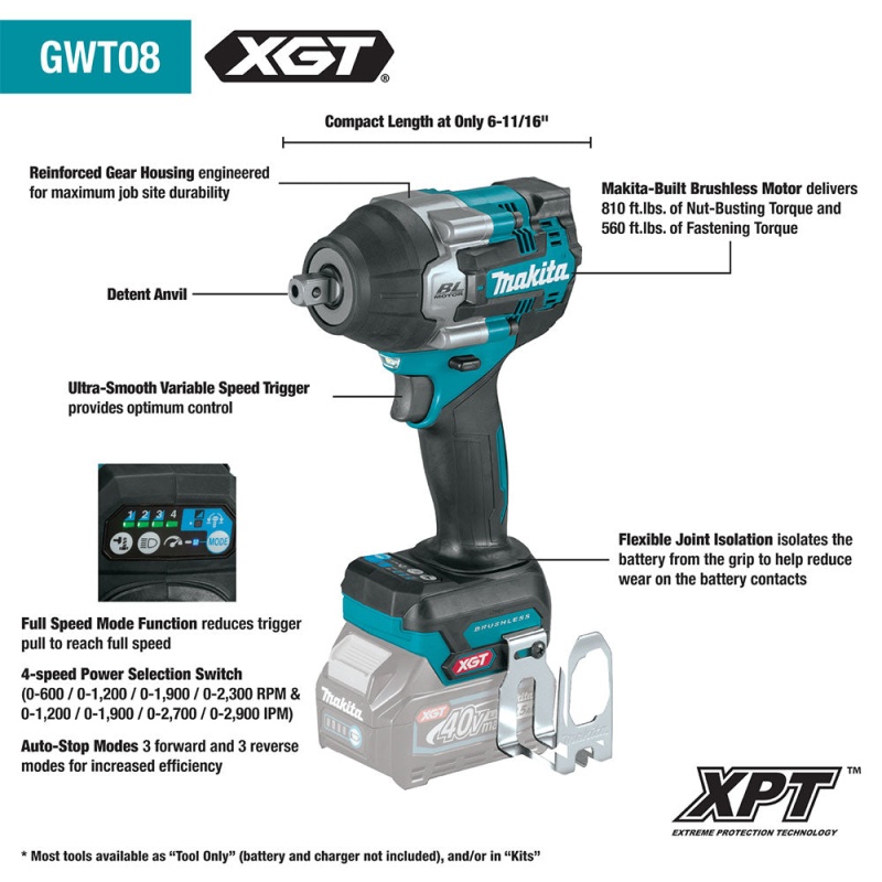 Makita GWT08Z 40V XGT Brushless 1/2" Sq. Mid-Torque Impact Wrench - Bare Tool - Image 2