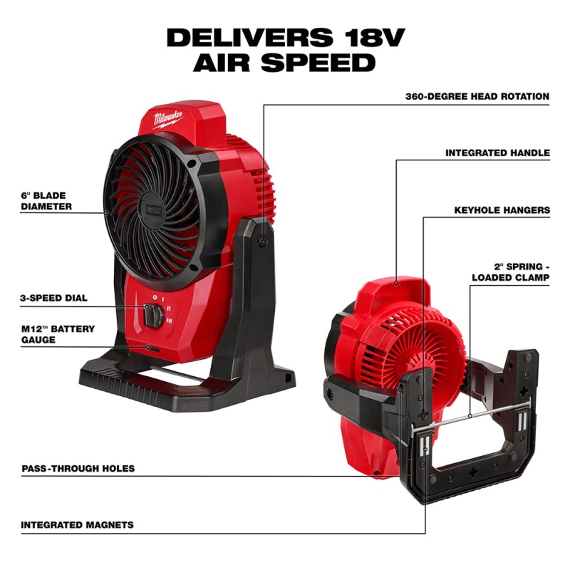 Milwaukee 0820-20x3 M12 12V Cordless Mounting Fan w/ 2 - M12 3AH Batteries - Image 9