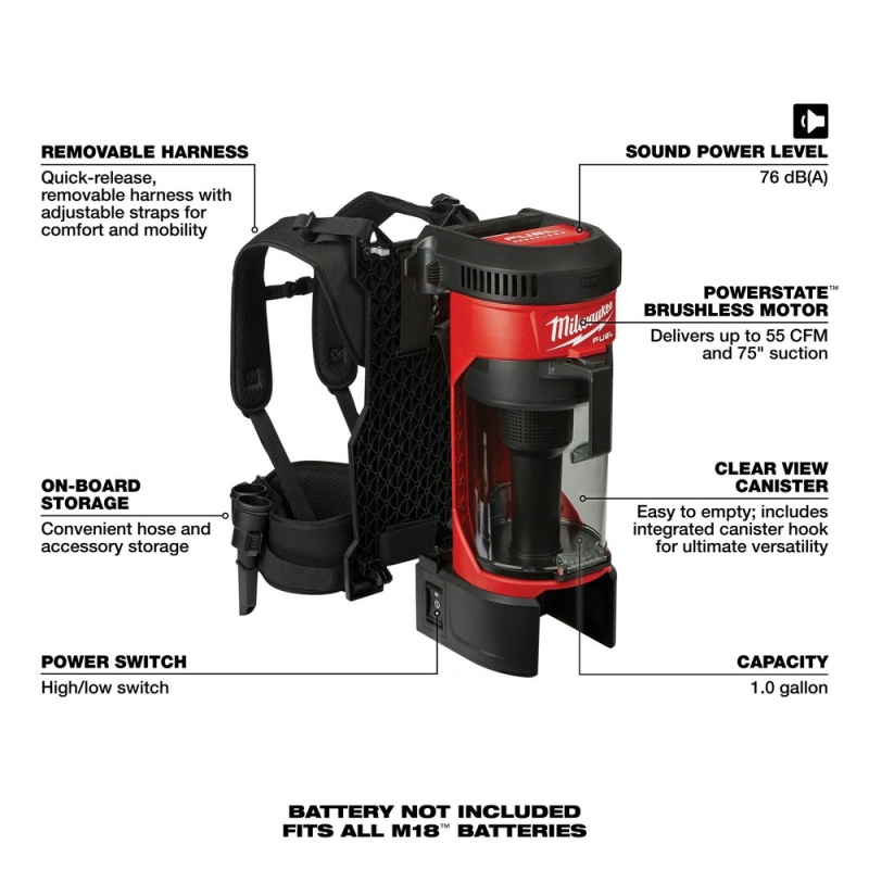 Milwaukee 0885-20 M18 FUEL 18V 3-in-1 Cordless Backpack Vacuum - Bare Tool - Image 7