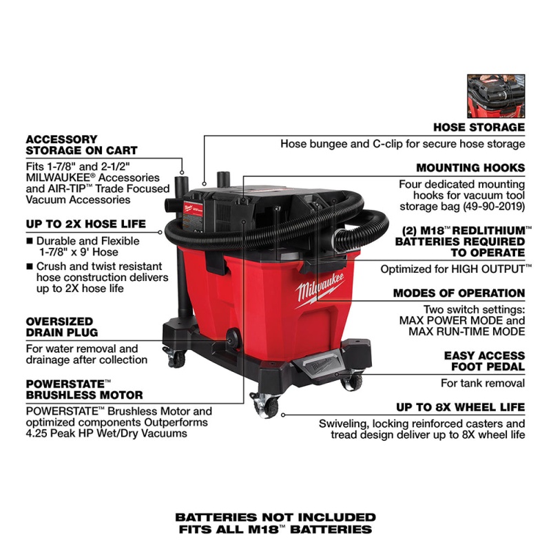 Milwaukee 0920-20 M18 FUEL 9 Gallon Dual-Battery Wet/Dry Vacuum - Bare Tool - Image 8