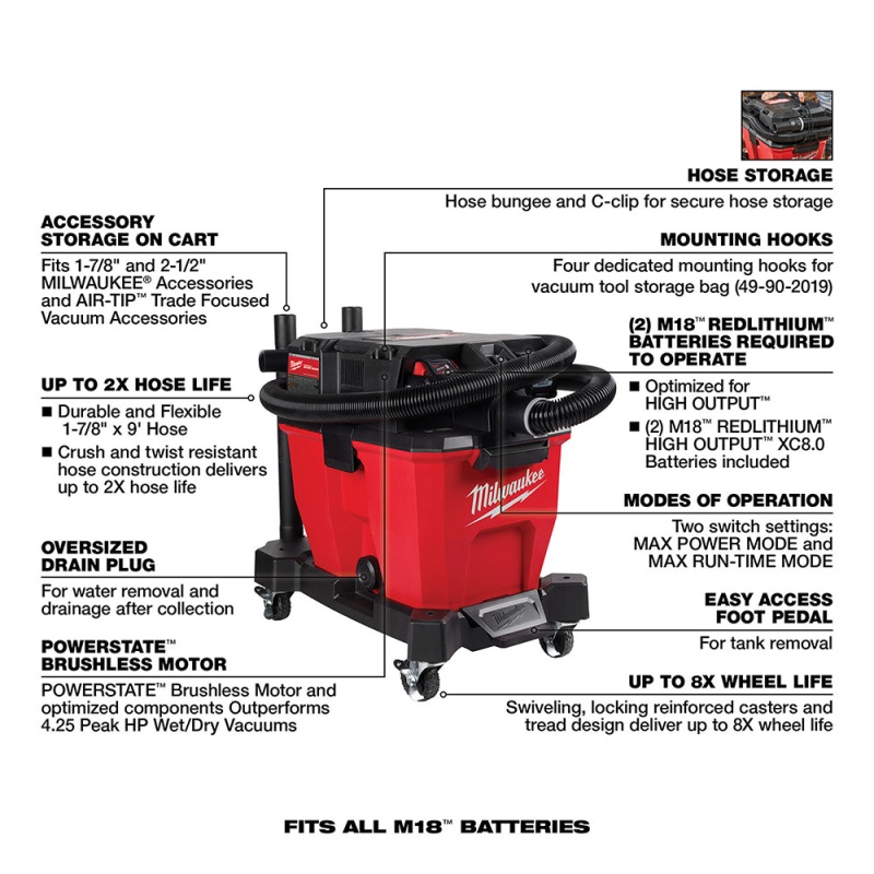 Milwaukee 0920-22HD M18 FUEL 9 Gallon Dual-Battery Wet/Dry Vacuum Kit - Image 8