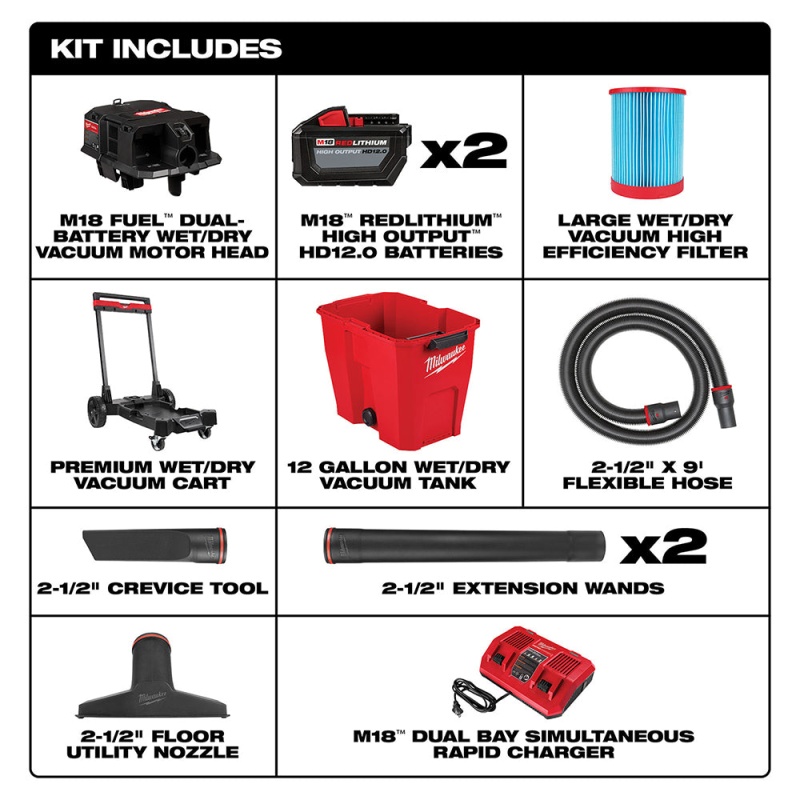 Milwaukee 0930-22HDB M18 FUEL 18V 12 Gallon Wet/Dry Vacuum Kit w/ Air-Tip Kit - Image 2