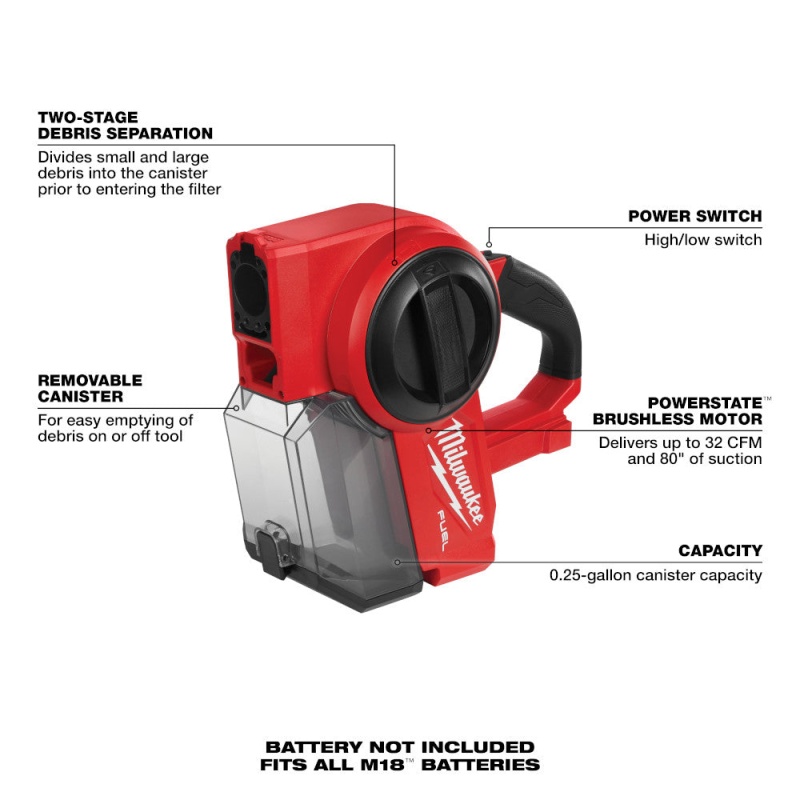 Milwaukee 0940-20 M18 FUEL Cordless Lithium-Ion Brushless Compact Vacuum - Image 6