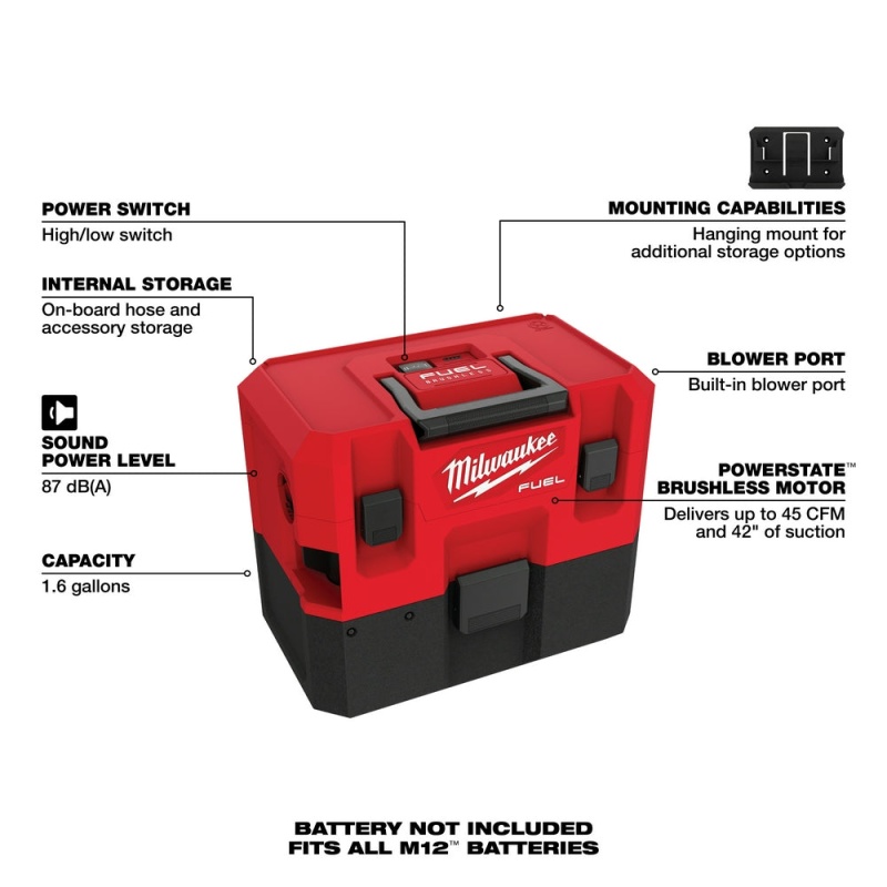 Milwaukee 0960-20AT M12 FUEL 12V 1.6 Gallon Wet/Dry Vacuum w/ Pivoting Wand - Image 19