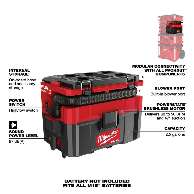 Milwaukee 0970-20 M18 FUEL PACKOUT 2.5 Gallon Cordless Wet/Dry Vacuum -Bare Tool - Image 7