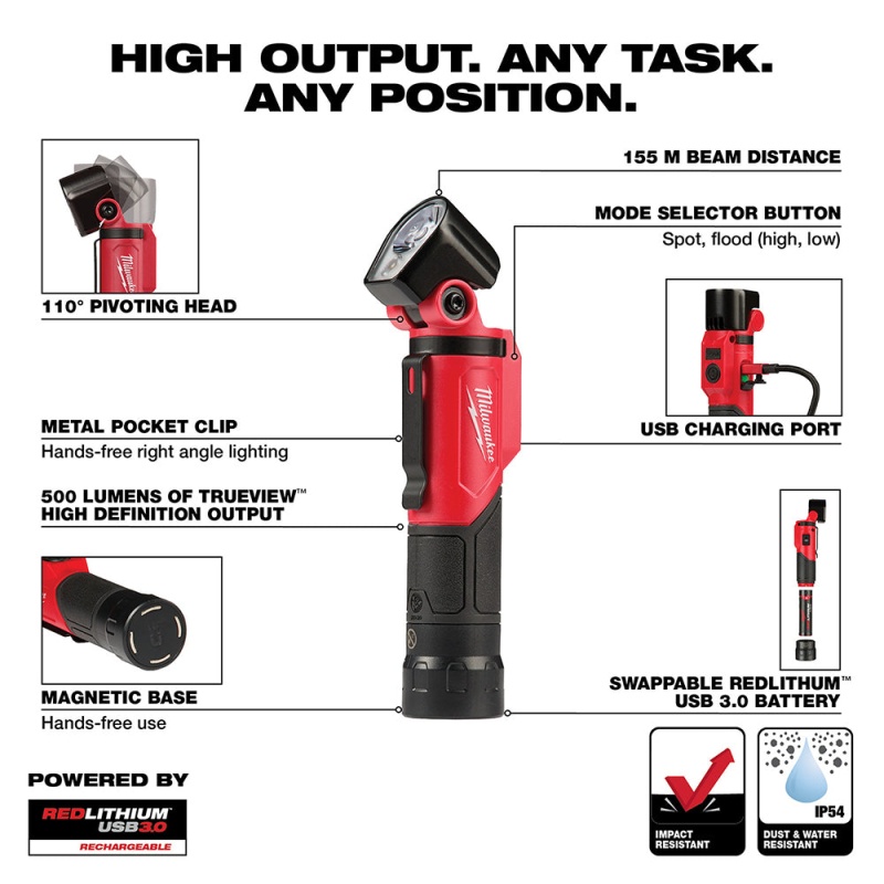 Milwaukee 2113-21 500-Lumen Redlithium USB Rechargeable Pivoting Flashlight - Image 3