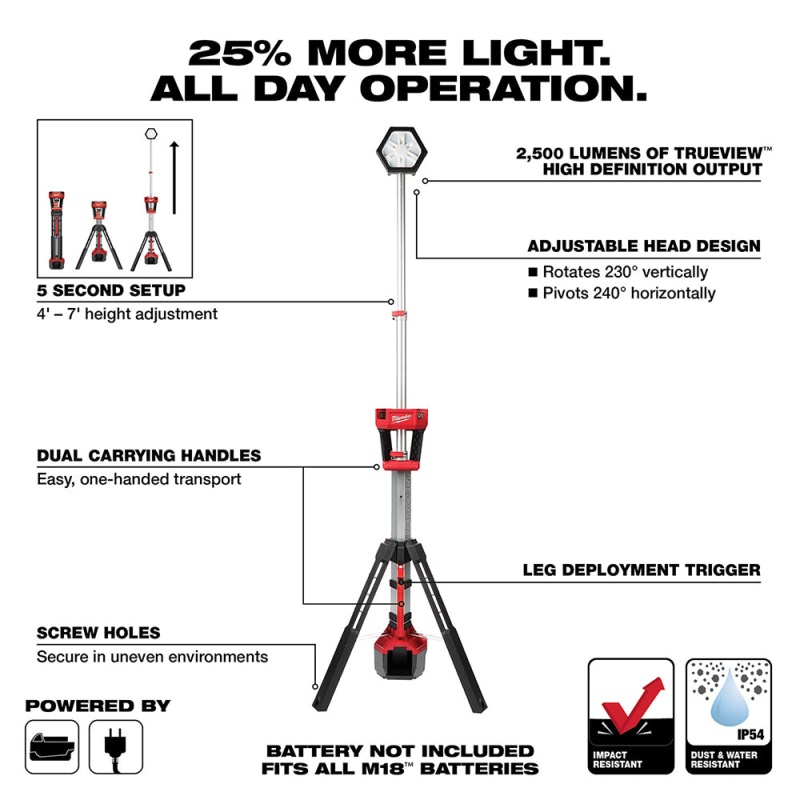 Milwaukee 2131-20 M18 ROCKET 18V Dual Power Tower Light w/ 6AH Battery - Image 3