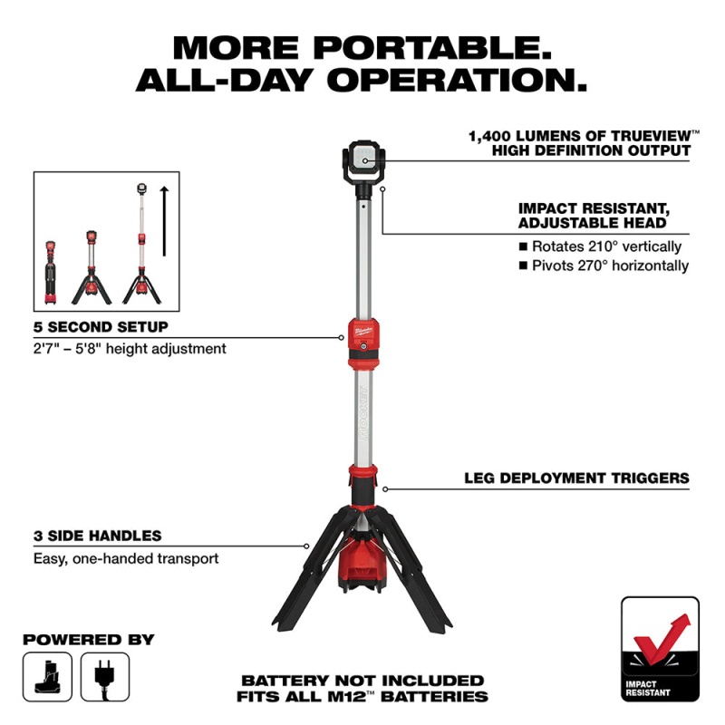 Milwaukee 2132-20 M12 12V 1,400-Lumen Dual Power Tower Light - Bare Tool - Image 2