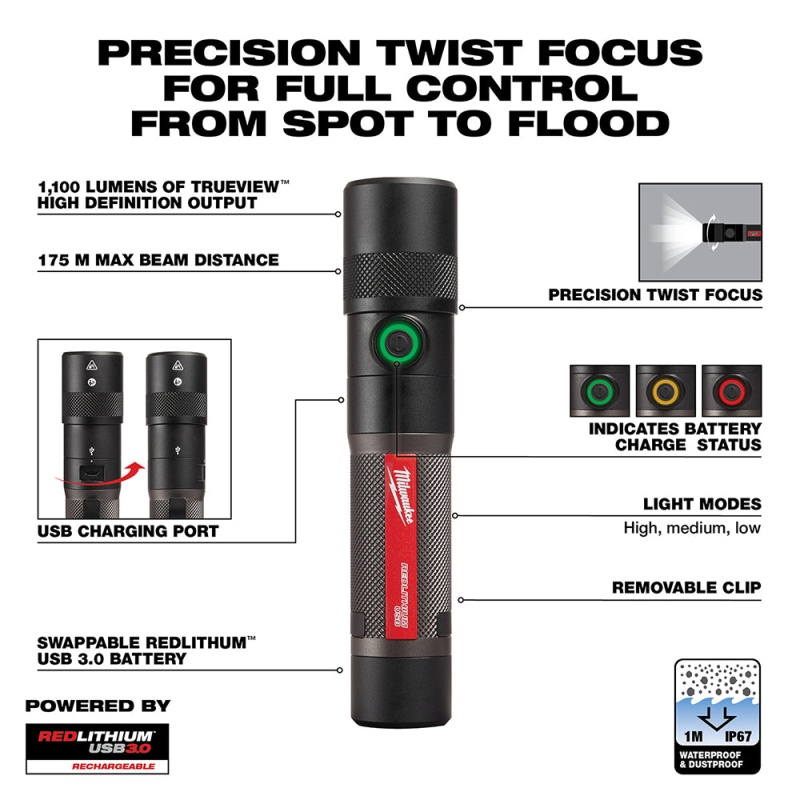 Milwaukee 2161-21 1100 Lumen USB Rechargeable LED Twist Focus Flashlight - Image 3