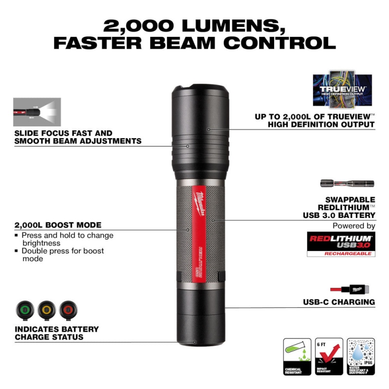 Milwaukee 2162-21 REDLITHIUM USB 2,000 Lumen Cordless Slide Focus Flashlight - Image 3