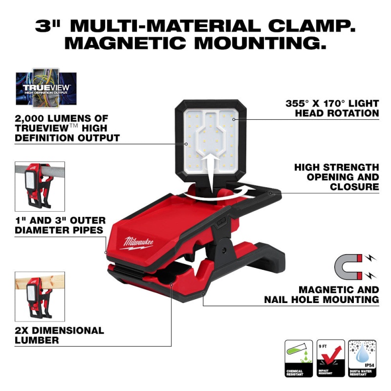 Milwaukee 2358-20 M18 18V ROVER 2000 Lumen Clamping Flood Light - Bare Tool - Image 2