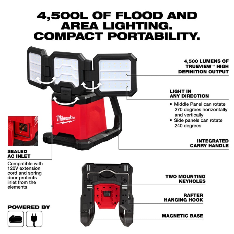 Milwaukee 2368-20B5 M18 Dual Power Triple Panel Light w/ 2 - 5AH Batteries - Image 4