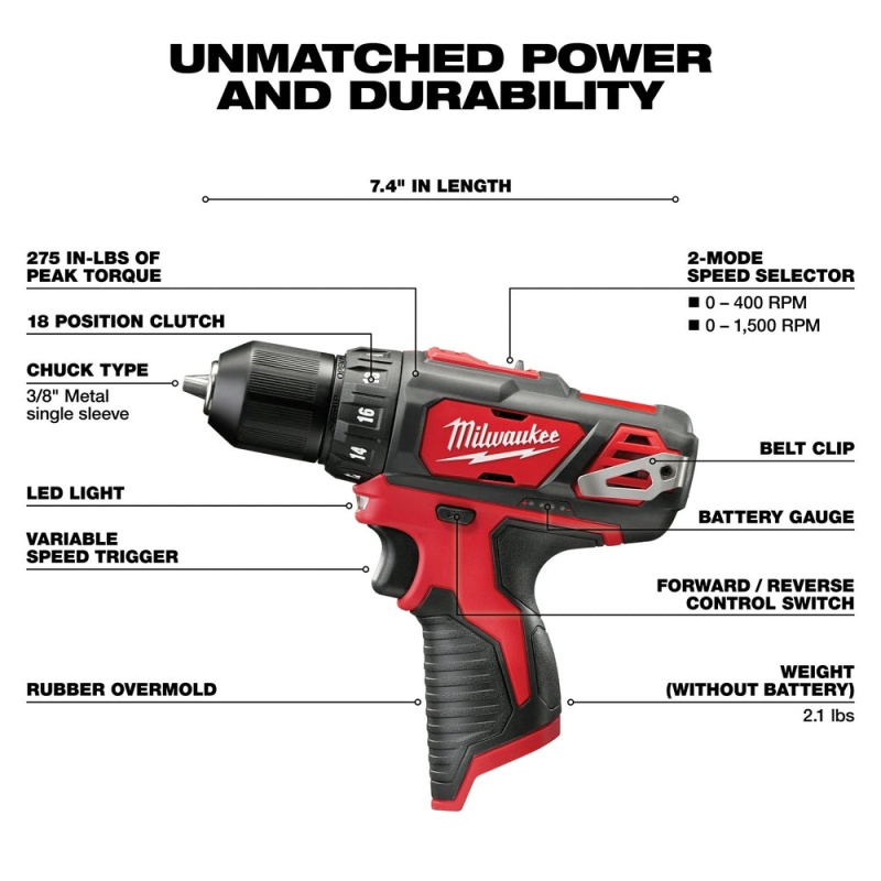 Milwaukee 2407-20 M12 12V 3/8" Drill/Driver w/ Belt Clip - Bare Tool - Image 3