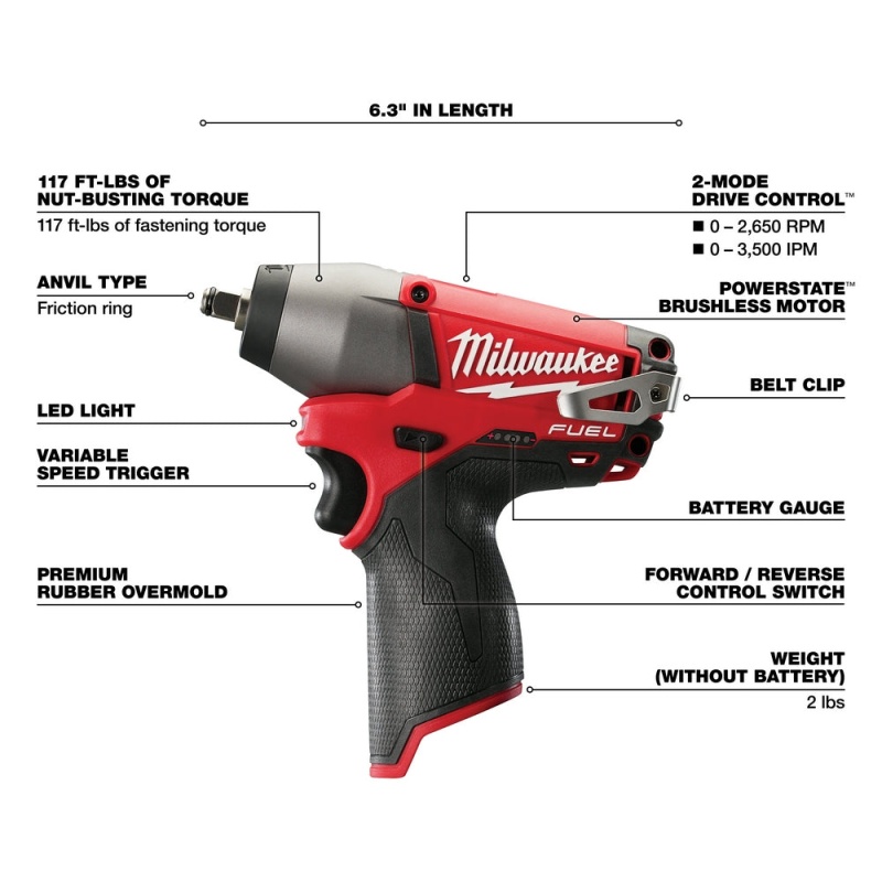 Milwaukee 2454-20 M12 FUEL 12V 3/8" Impact Wrench w/ Belt Clip - Bare Tool - Image 4