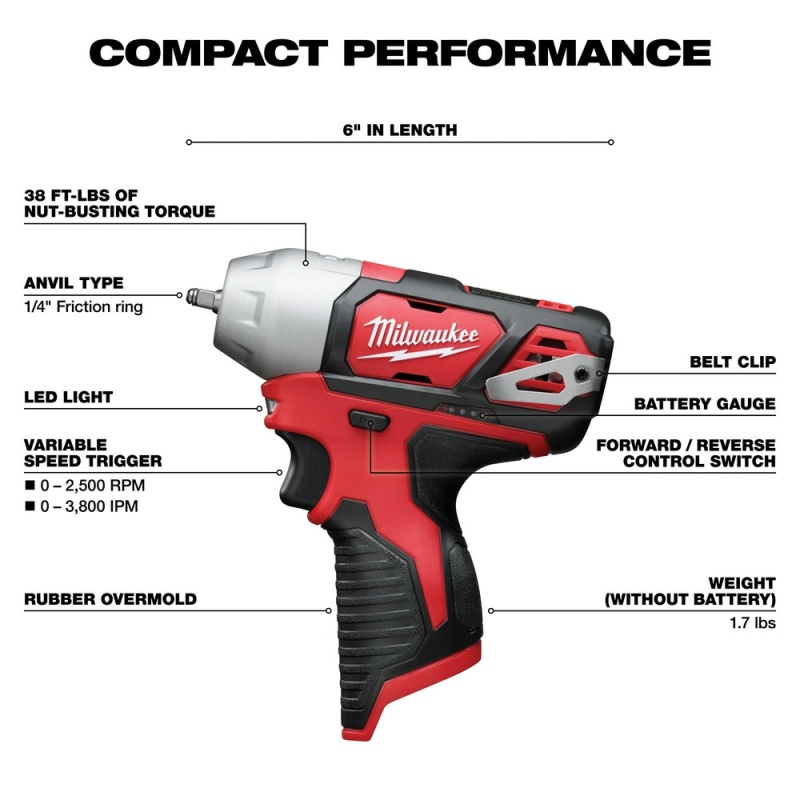 Milwaukee 2461-20 M12 12V 1/4-Inch Impact Wrench w/ Belt Clip - Bare Tool - Image 3