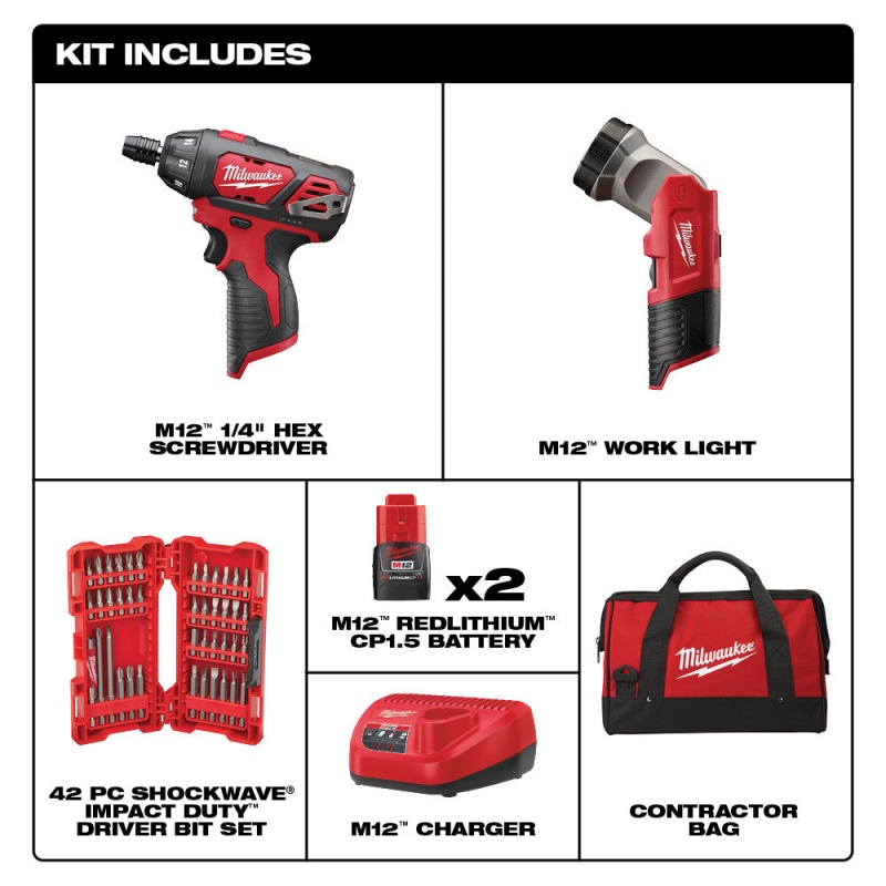 Milwaukee 2482-22 M12 12V Cordless Lithium-Ion Screwdriver Flashlight Combo Kit - Image 2