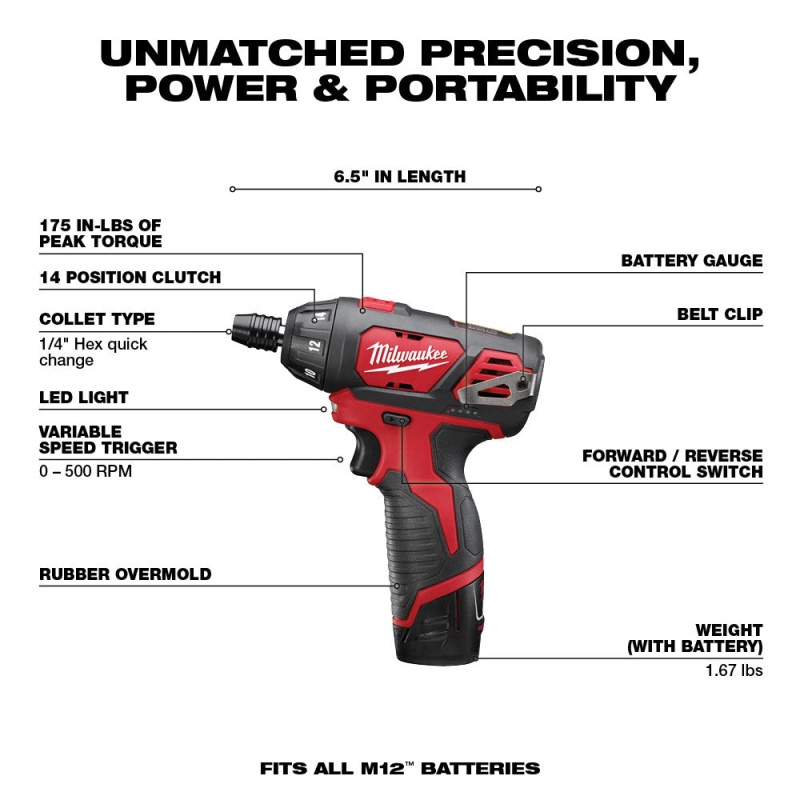 Milwaukee 2482-22 M12 12V Cordless Lithium-Ion Screwdriver Flashlight Combo Kit - Image 3