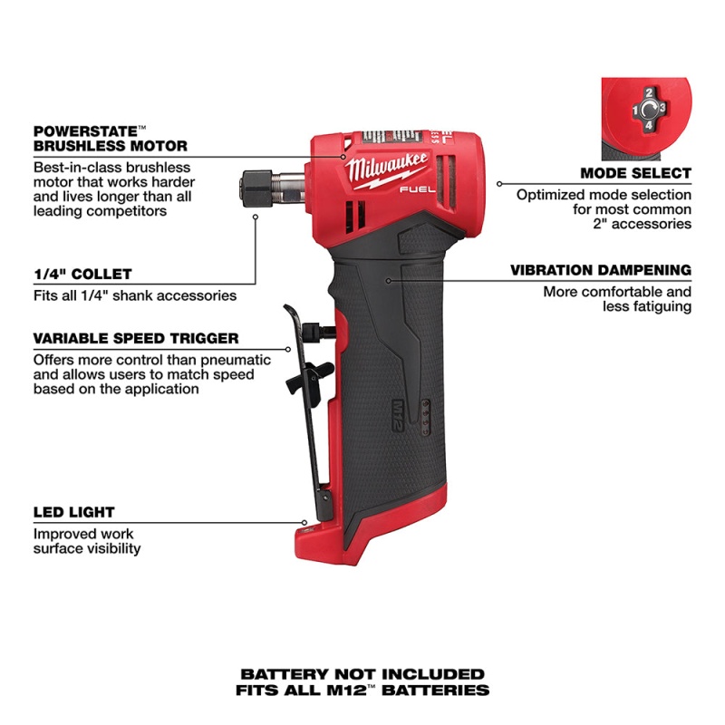 Milwaukee 2485-20x5HO M12 FUEL 12V 1/4" Right Angle Die Grinder w/ 5AH Battery - Image 8