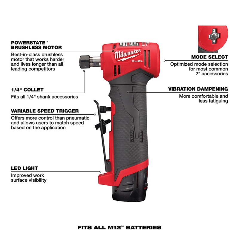 Milwaukee 2485-22B M12 FUEL 12V 1/4" Right Angle Die Grinder Kit w/ Blades - Image 7