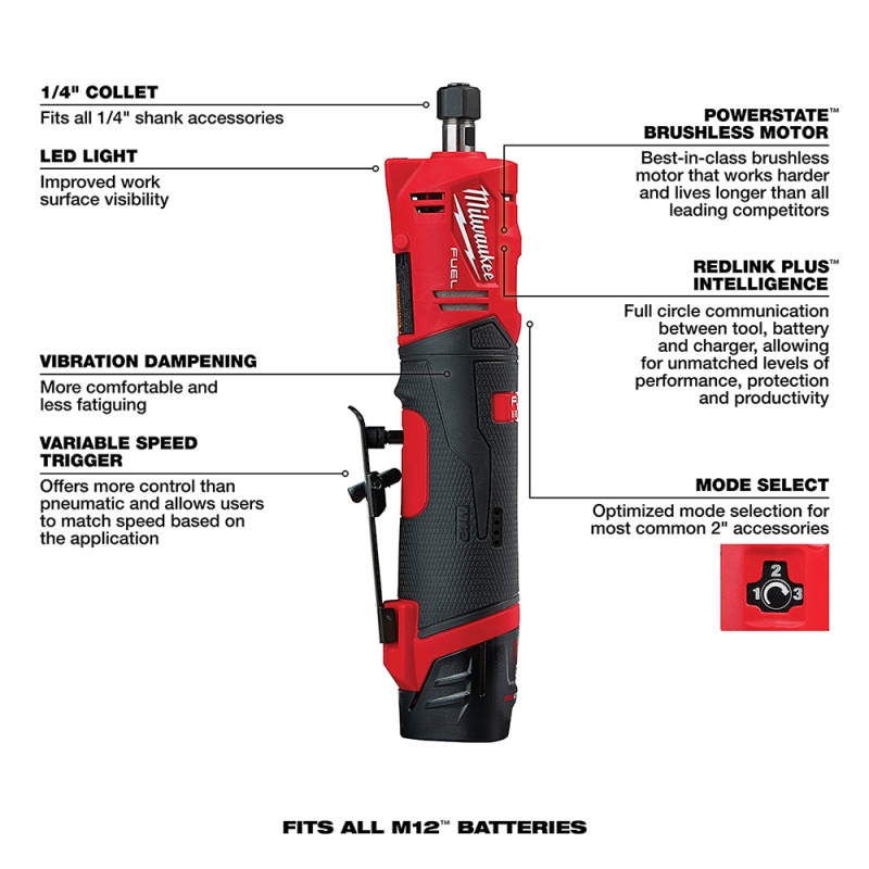 Milwaukee 2486-22 M12 FUEL 12V 1/4" Straight Die Grinder Kit w/ 5AH Battery - Image 7