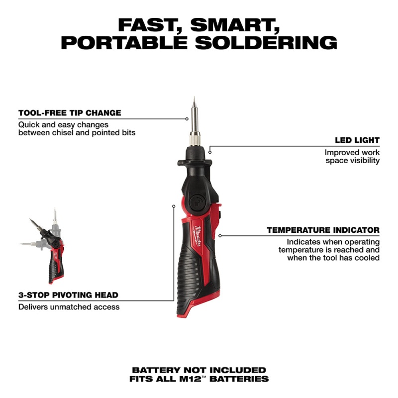 Milwaukee 2488-20 M12 12V Cordless Pivoting Head Soldering Iron - Bare Tool - Image 3