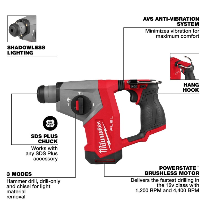 Milwaukee 2508-20 M12 FUEL 12V 5/8" SDS Plus Rotary Hammer Drill - Bare Tool - Image 3