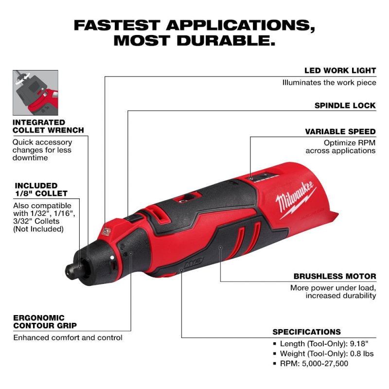 Milwaukee 2525-20 M12 12V Li-Ion Cordless Brushless Rotary Tool - Bare Tools - Image 2