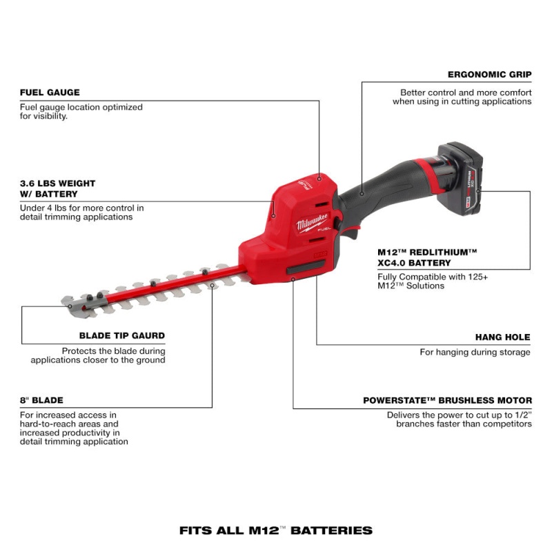 Milwaukee 2533-21 M12 FUEL 8" Cordless Hedge Trimmer Kit - Image 4