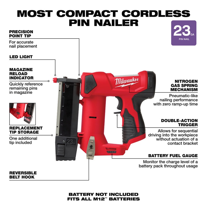 Milwaukee 2540-20 M12 12V 23 Gauge Compact Cordless Pin Nailer - Bare Tool - Image 4