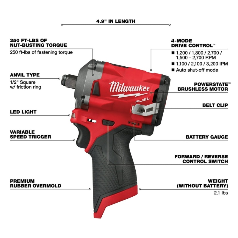 Milwaukee M12 2555-20 M12 FUEL 12V 1/2-Inch Stubby Impact Wrench - Bare Tool - Image 4